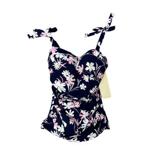 Gottex Profile NEW Navy Blue Pink Floral Tie Straps Underwire Ruched Tankini 34D